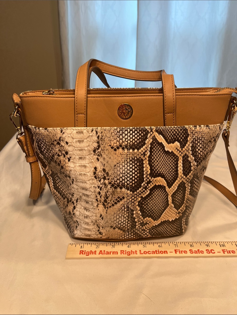 Anne‎ Klein Snake Print Satchel Tote Crossbody Bag Tan Faux Leather